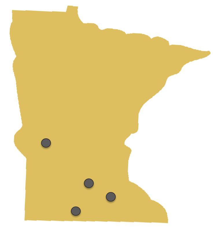 Map of Minnesota showing research locations for the manure and cover crop studies.