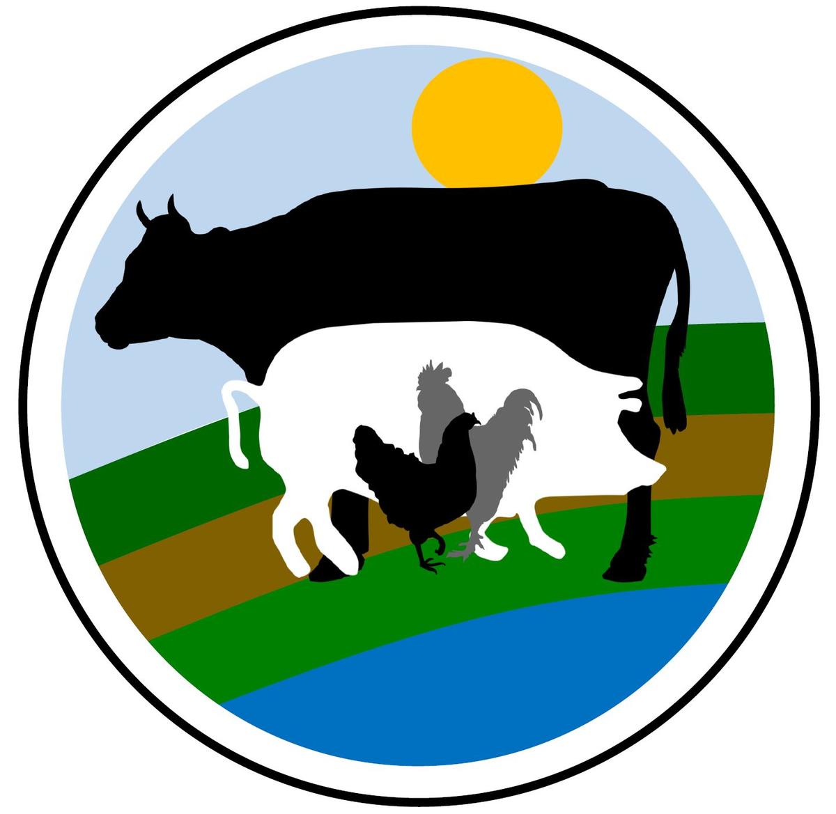 The Wilson Lab logo. Livestock and poultry on a farm field near a body of water.